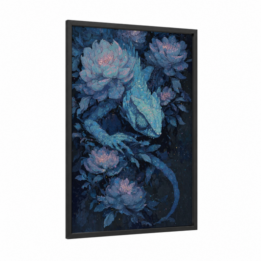 Lotus Chameleon framed art print — black wood frame — blue and salmon pink palette