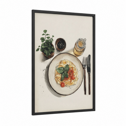 Basil Pasta Plate framed art print — black wood frame — cream and green palette