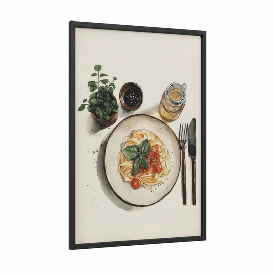 Basil Pasta Plate framed art print — black wood frame — cream and green palette