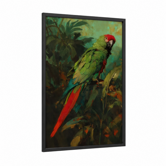 Crimson Macaw framed safari parrots print — black wood frame — green and red palette