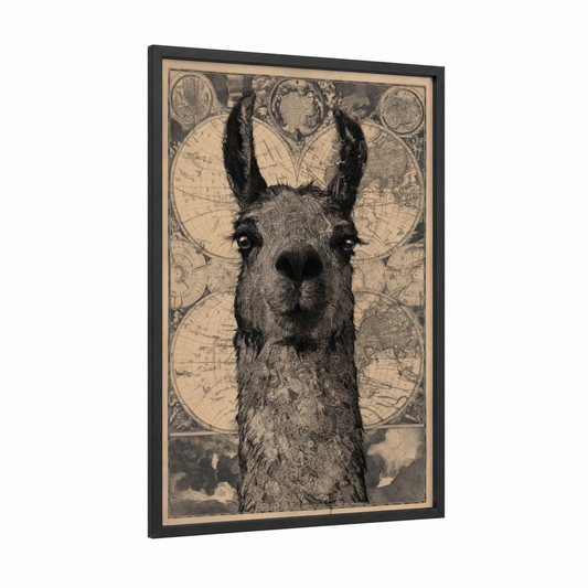 Cartography Llama framed art print — black wood frame — black and white and cream palette