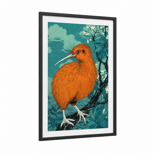 Russet Kiwi framed art print — black wood frame — teal palette