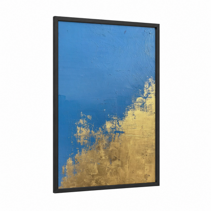 Azure Decay framed abstract classic print — black wood frame — blue and yellow gold palette