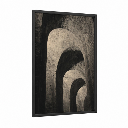 Arched Masonry framed art print — black wood frame — black and white and gray palette