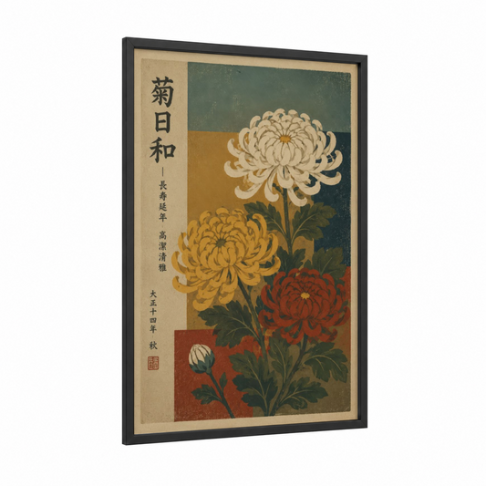 Japanese Chrysanthemum Vintage Botanical Wall Art framed art print — black wood frame — cream and yellow gold palette