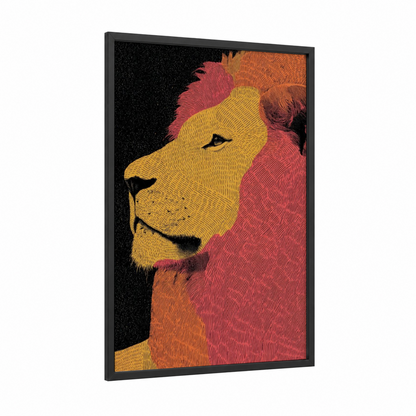 Golden Leo framed art print — black wood frame — gold and magenta palette