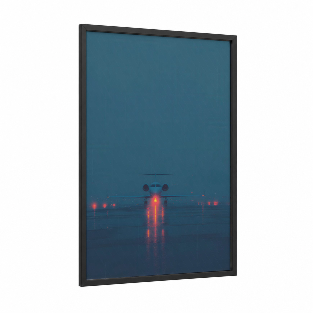 Neon Takeoff framed private jet print — black wood frame — dark blue and red palette