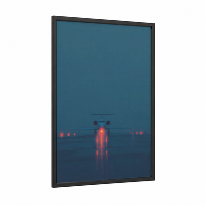 Neon Takeoff framed private jet print — black wood frame — dark blue and red palette