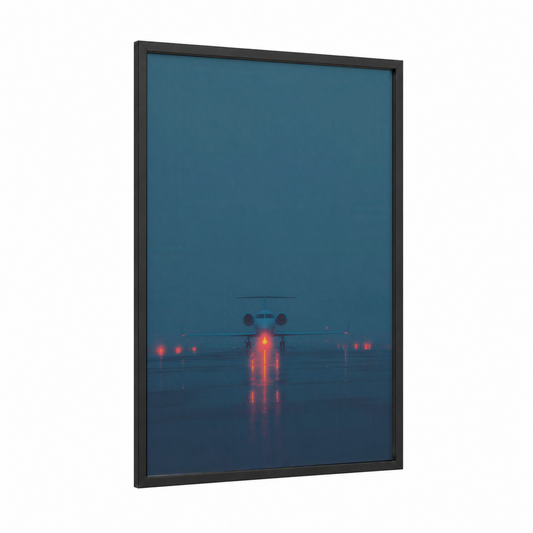 Neon Takeoff framed private jet print — black wood frame — dark blue and red palette