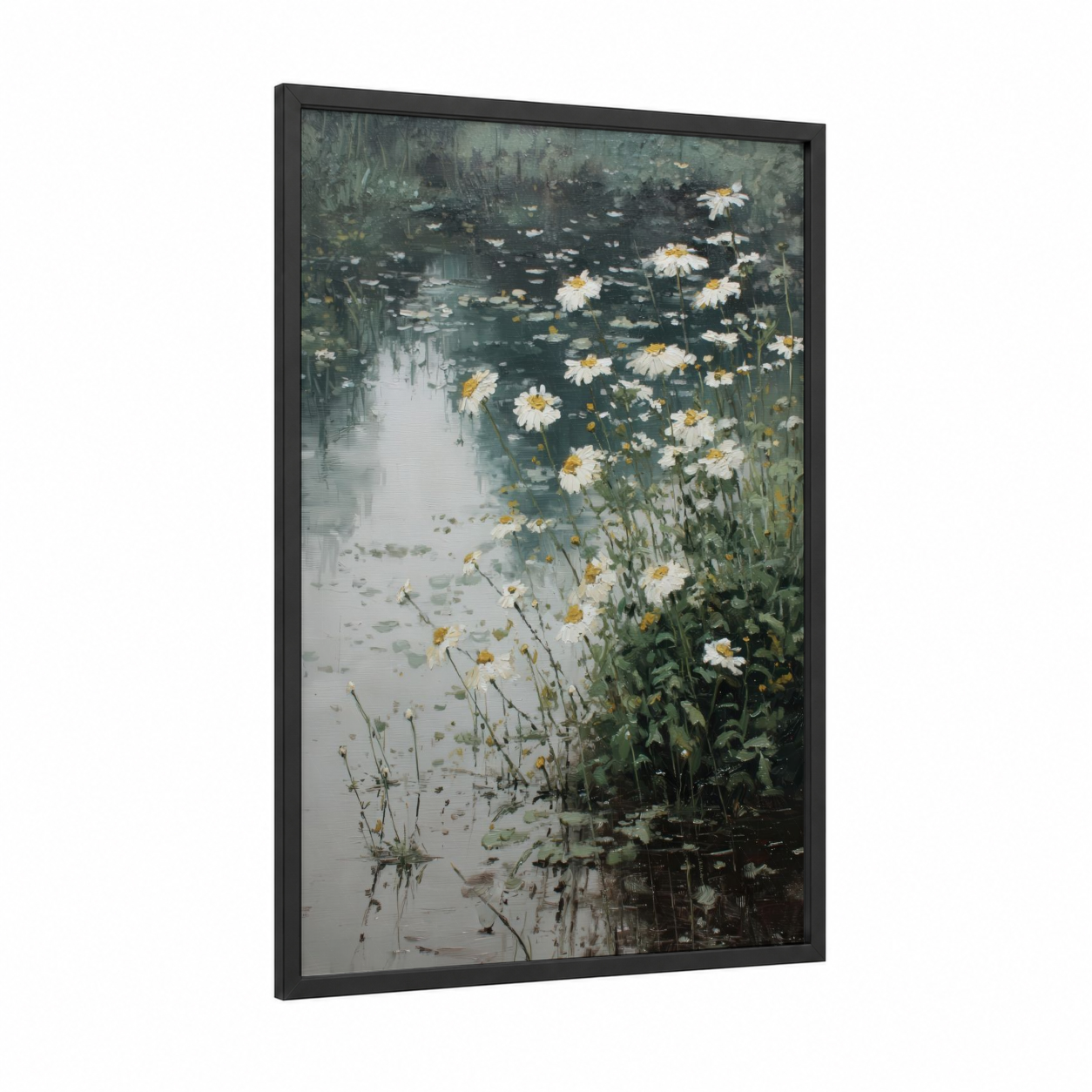 Lakeside Daisies framed daisy print — black wood frame — sage green and gray palette
