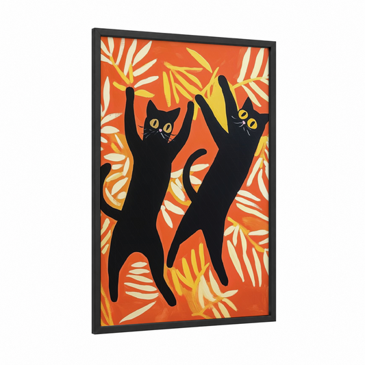Playful Cats Pair framed art print — black wood frame — orange and yellow gold palette