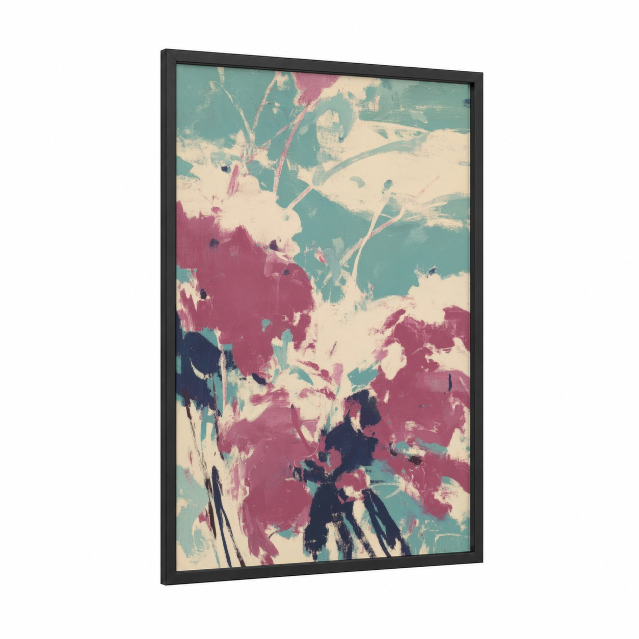 Crimson Bloom Abstract framed abstract expressionism print — black wood frame — magenta and teal palette