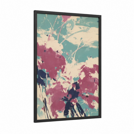 Crimson Bloom Abstract framed abstract expressionism print — black wood frame — magenta and teal palette