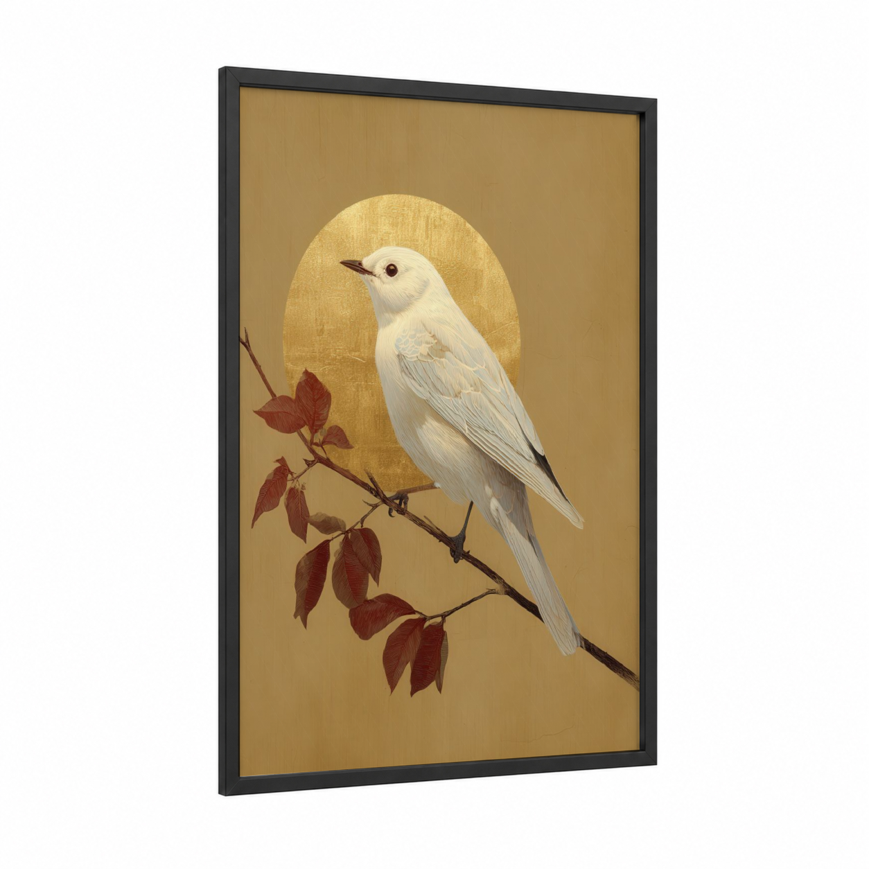 Golden Songbird framed art print — black wood frame — gold and white palette