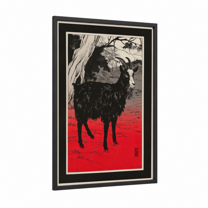 Crimson Goat framed art print — black wood frame — black and white and red palette