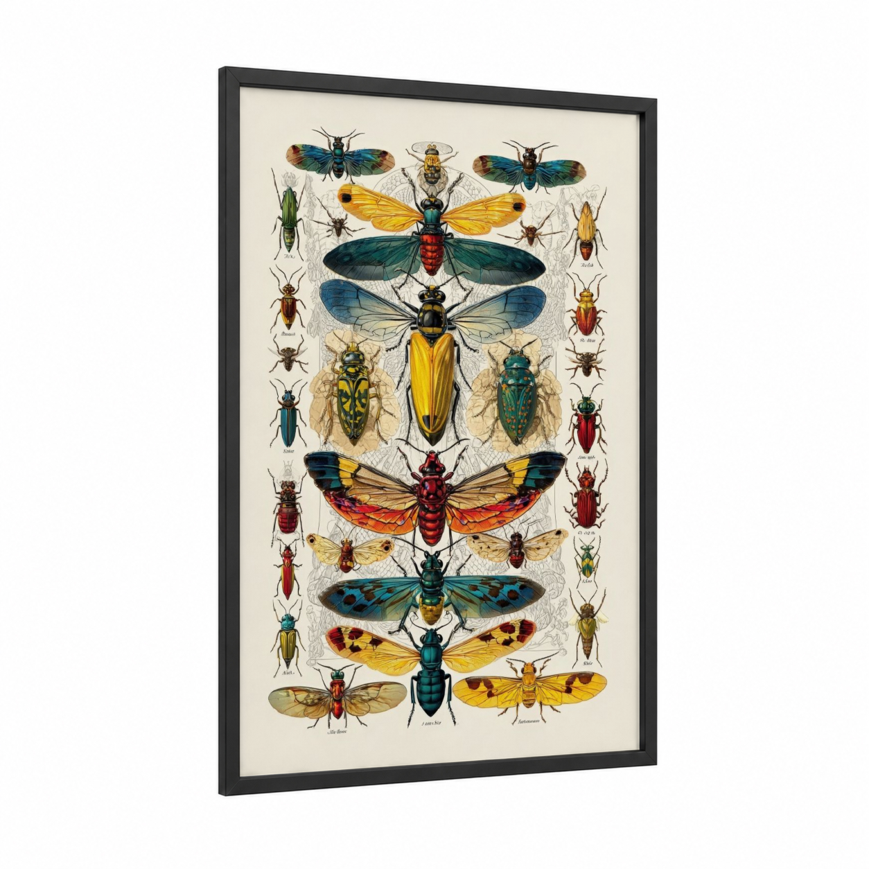 Entomological Collection framed wasp print — black wood frame — gold and teal palette