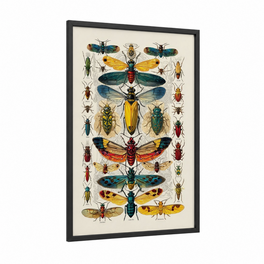 Entomological Collection framed wasp print — black wood frame — gold and teal palette