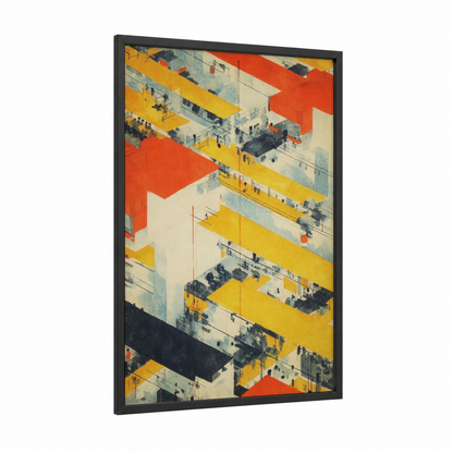 Layered Factory framed art print — black wood frame — yellow gold and red palette