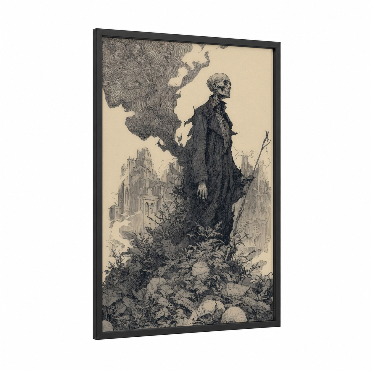 Skeletal Sentinel framed zombie print — black wood frame — black and white and cream palette