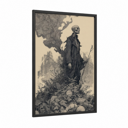 Skeletal Sentinel framed zombie print — black wood frame — black and white and cream palette