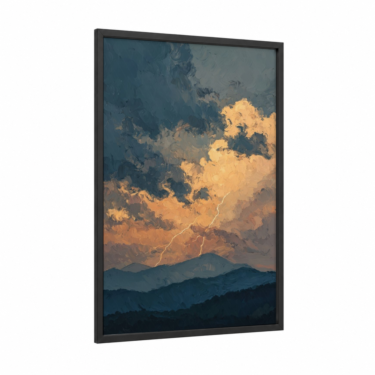 Golden Storm Mountains framed blue ridge mountains print — black wood frame — blue and gold palette