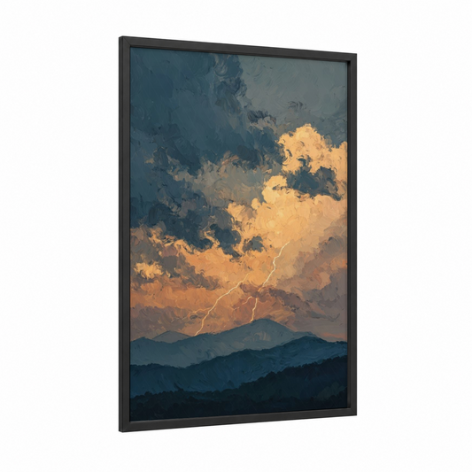 Golden Storm Mountains framed blue ridge mountains print — black wood frame — blue and gold palette