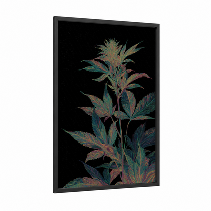 Neon Cannabis Plant framed marijuana print — black wood frame — teal and magenta palette