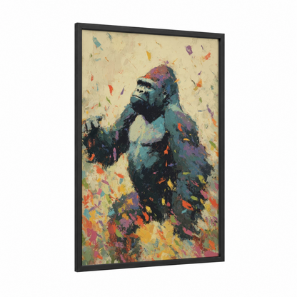 Colorful Gorilla framed art print — black wood frame — teal and mustard palette