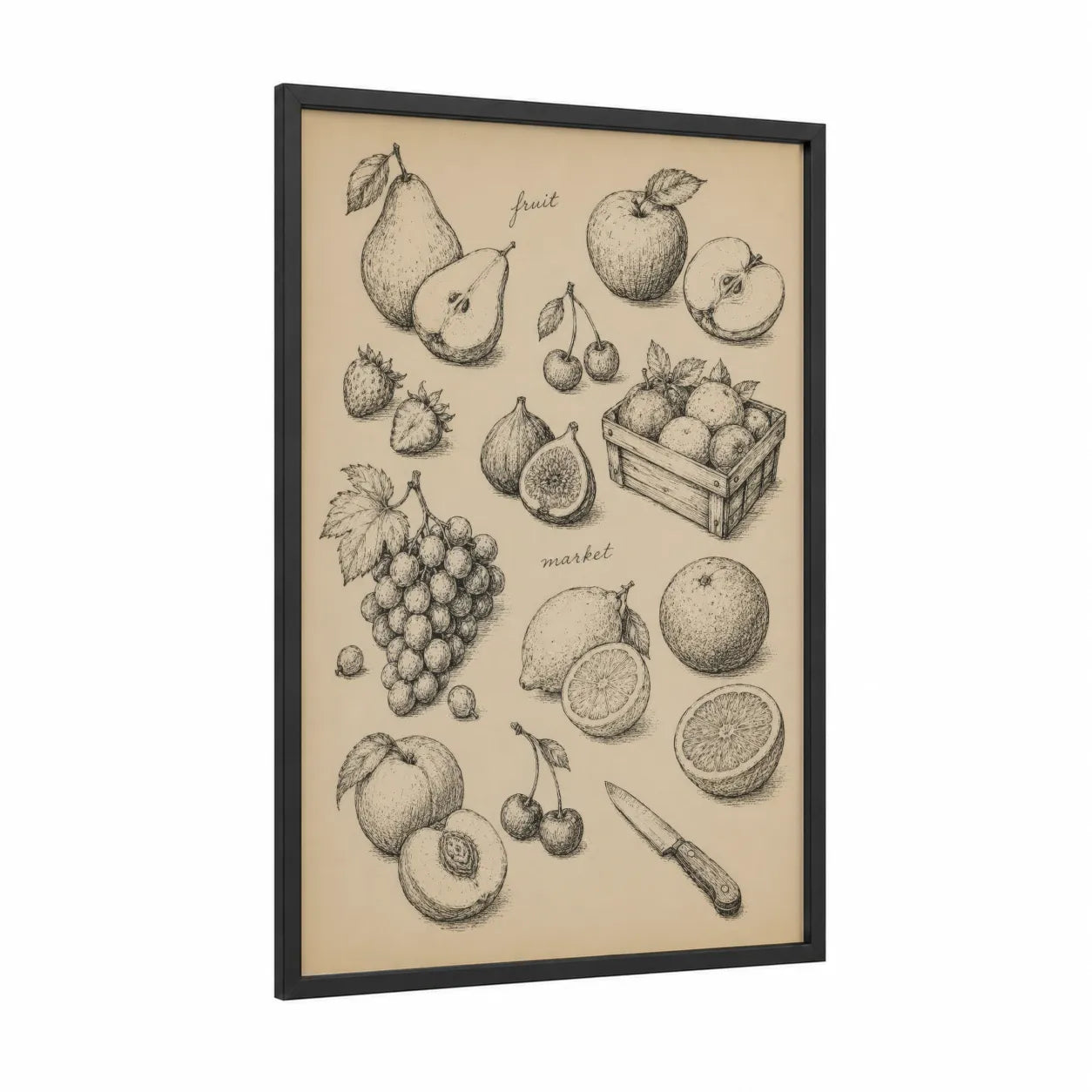 Vintage Fruit Illustration Kitchen Wall Art framed art print — black wood frame — beige and cream palette