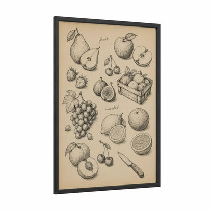 Vintage Fruit Illustration Kitchen Wall Art framed art print — black wood frame — beige and cream palette