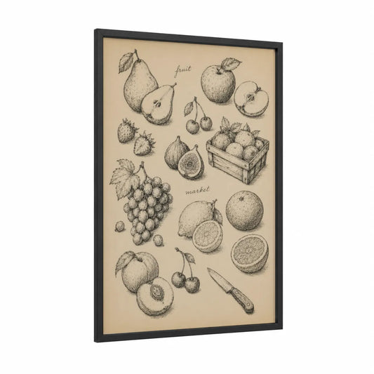 Vintage Fruit Illustration Kitchen Wall Art framed art print — black wood frame — beige and cream palette