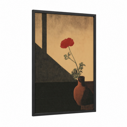 Crimson Ranunculus framed art print — black wood frame — gold and russet palette