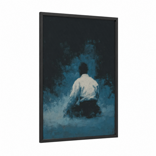 Solitary Judoka framed art print — black wood frame — dark blue and black palette