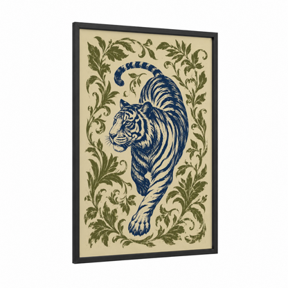 Vintage Tiger Botanical Wall Art framed art print — black wood frame — blue and beige palette