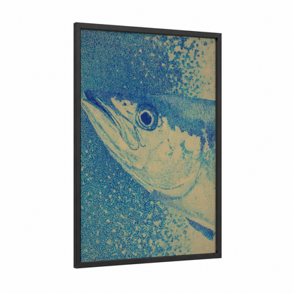 Blue Wahoo framed art print — black wood frame — blue and cream palette