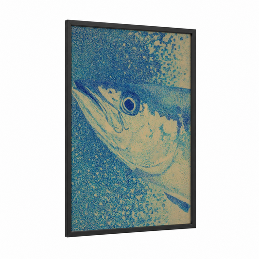Blue Wahoo framed art print — black wood frame — blue and cream palette