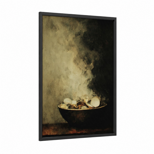 Steaming Shellfish Bowl framed seafood print — black wood frame — black and gold palette