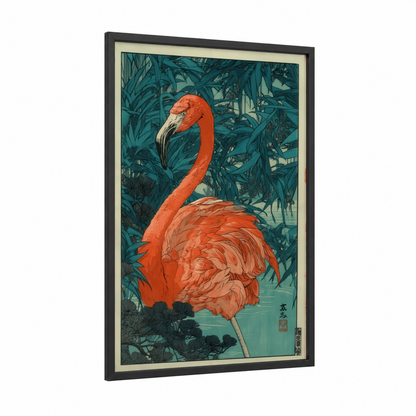 Crimson Flamingo framed art print — black wood frame — red and teal palette