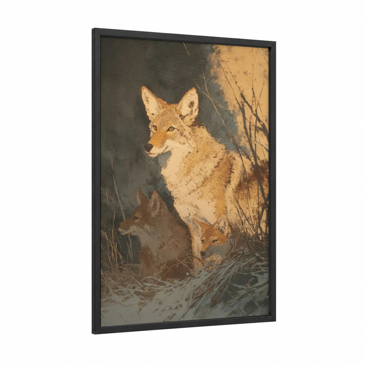 Desert Coyote framed art print — black wood frame — brown and gold palette