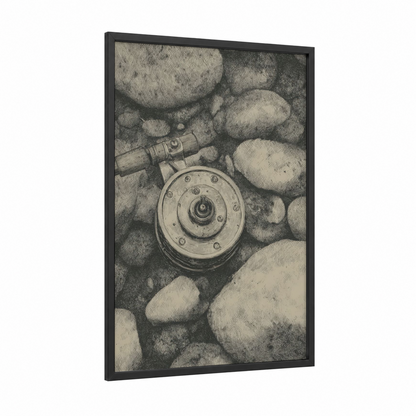 Vintage Fishing Reel framed art print — black wood frame — black and white and gray palette