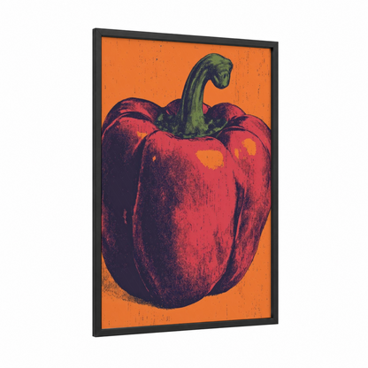 Crimson Bell Pepper framed vegetable print — black wood frame — red and pumpkin palette
