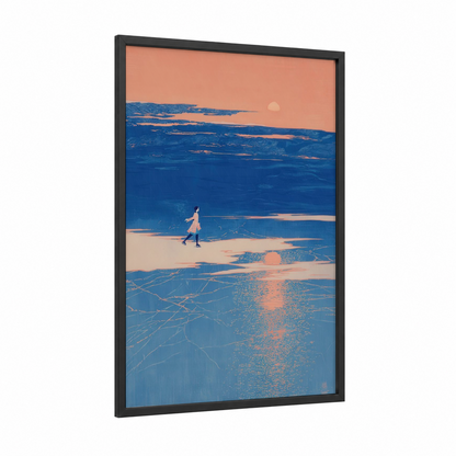 Frozen Solitude framed ice skating print — black wood frame — blue and peach palette