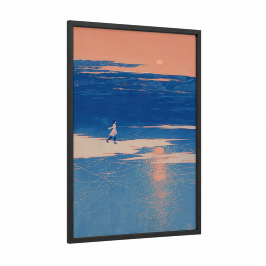 Frozen Solitude framed ice skating print — black wood frame — blue and peach palette