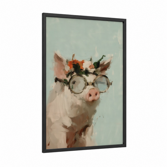 Flower Crown Pig framed art print — black wood frame — sage green and peach palette