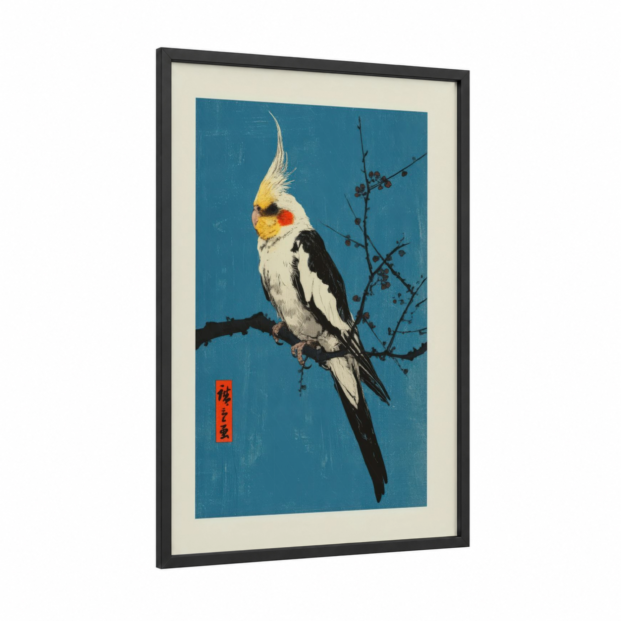Crested Cockatiel Branch framed art print — black wood frame — dark blue and cream palette