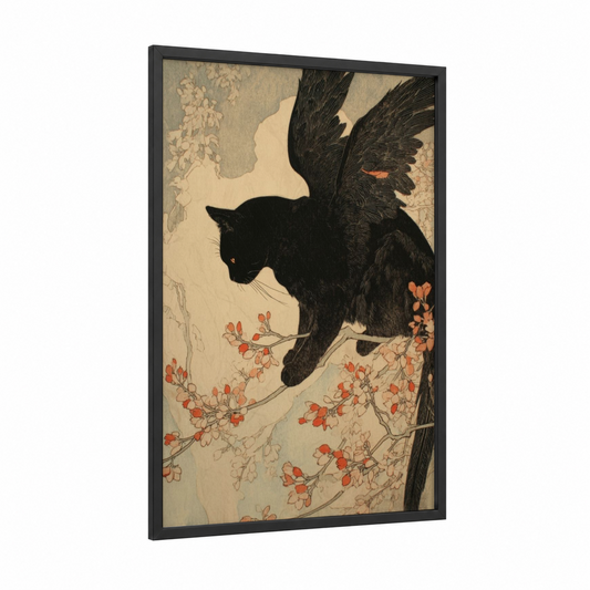 Winged Feline framed pegasus print — black wood frame — black and cream palette