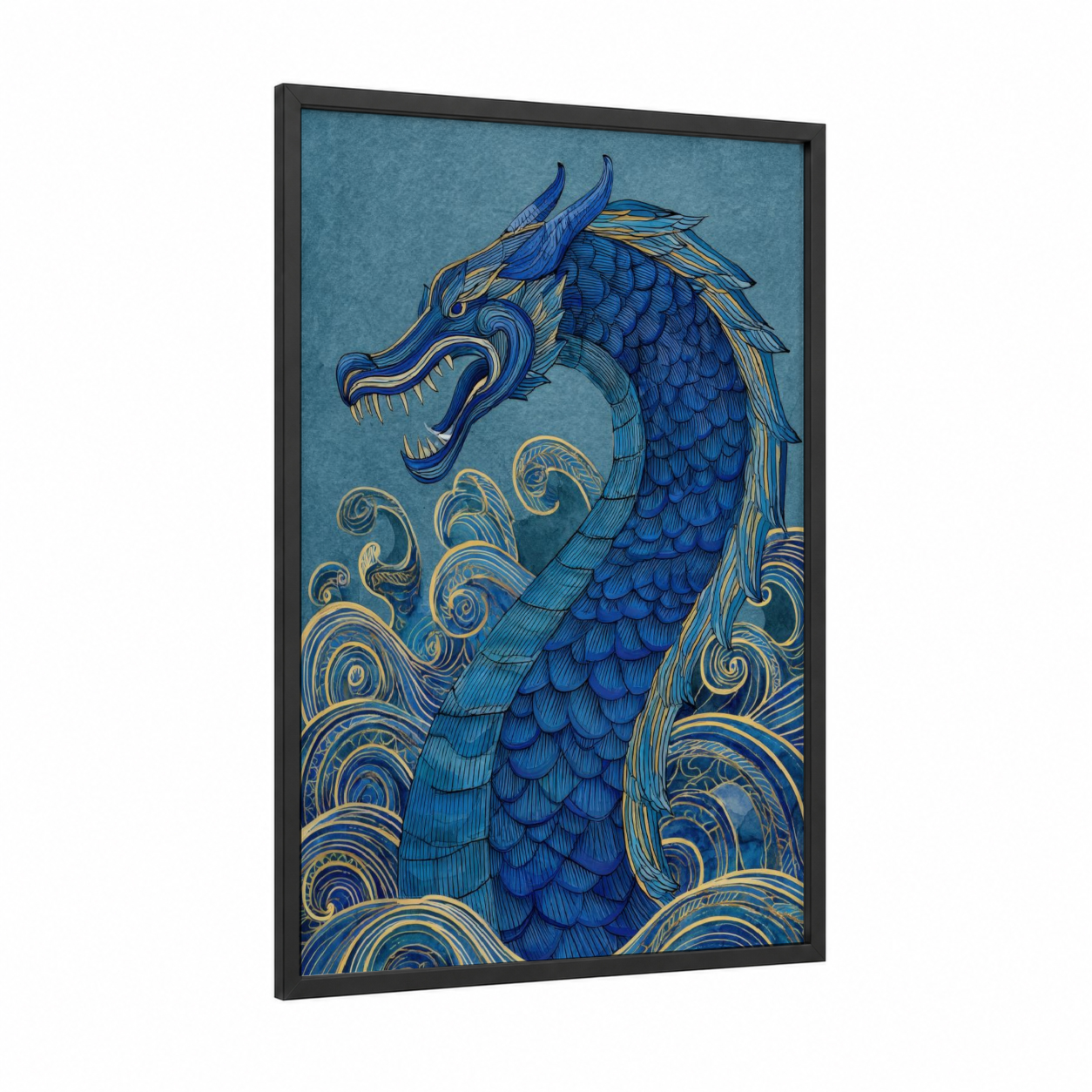 Azure Sea Serpent framed loch ness monster print — black wood frame — blue and gold and white palette
