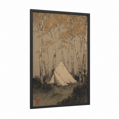 Birch Forest Camping framed art print — black wood frame — cream and espresso palette