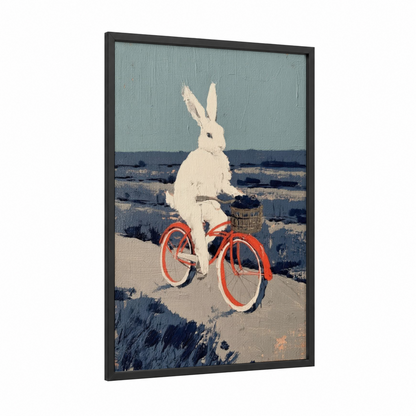 Vintage Rabbit Cyclist framed art print — black wood frame — blue and white and red palette