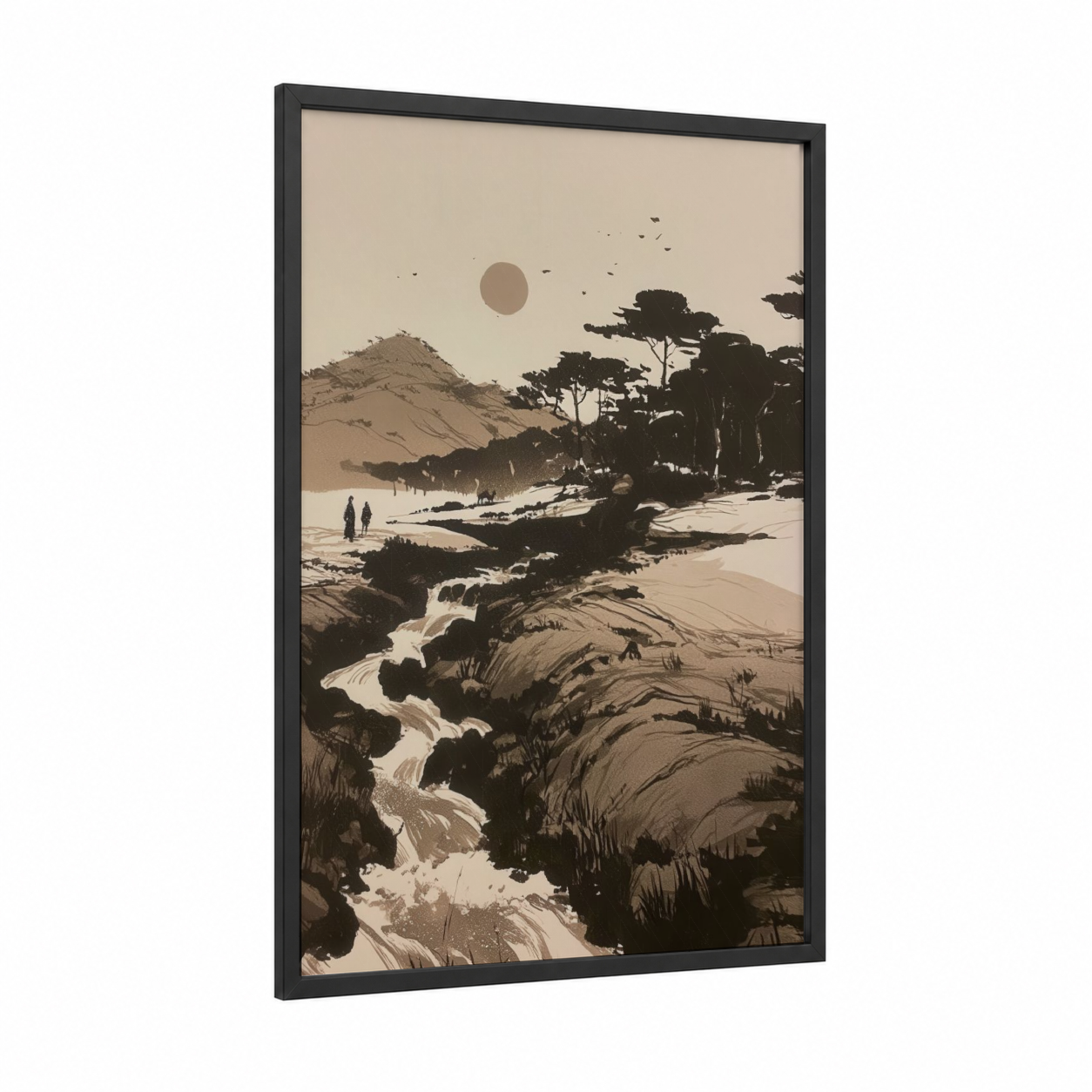 Coastal Driftwood framed various landscapes print — black wood frame — beige and black and white palette